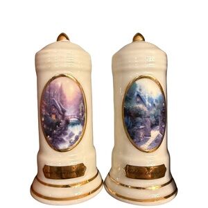 Avon Thomas Kinkade Porcelain Shakers in Cream with Gold Trim and Scenic Panels